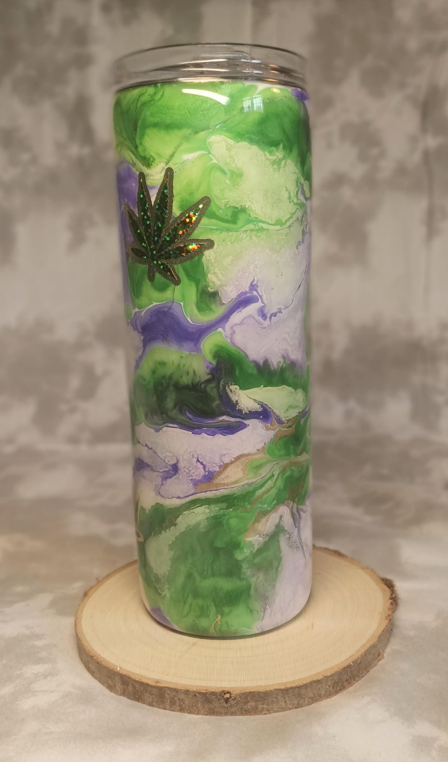 Purple & Green Swirl with Pot Leaf 20 oz Skinny Stainless Steel Tumbler