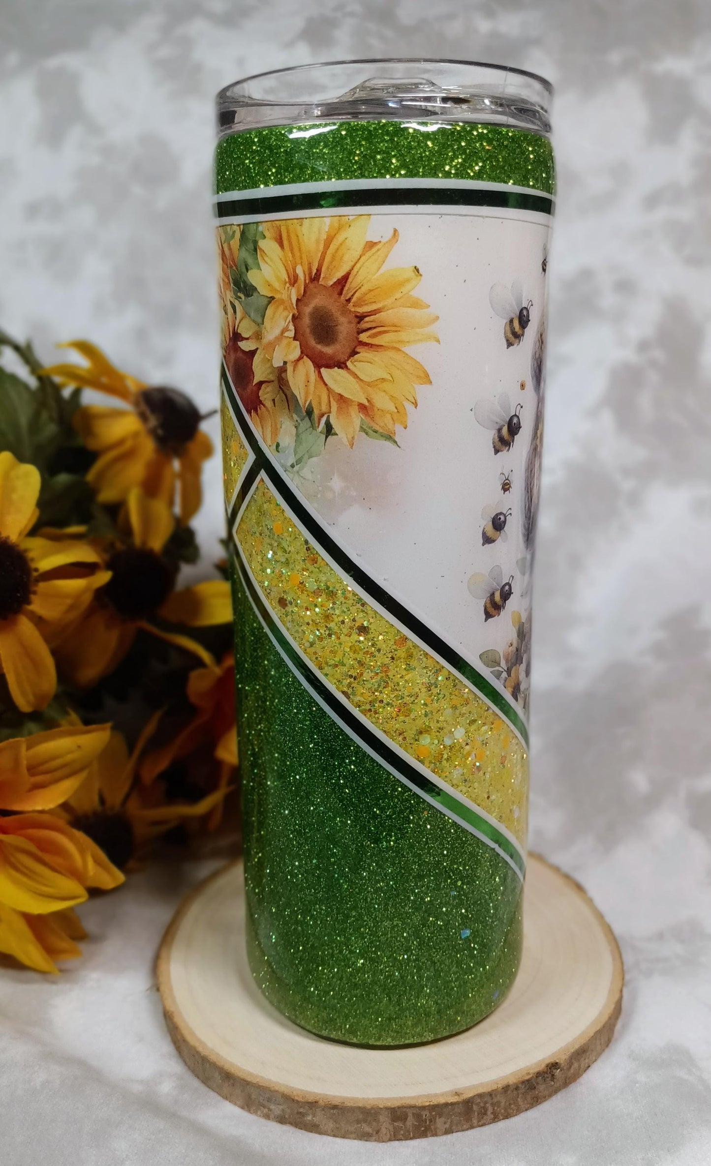 Gnome with sunflowers and bees V split design with glitter 20 oz Stainless Steel Tumbler