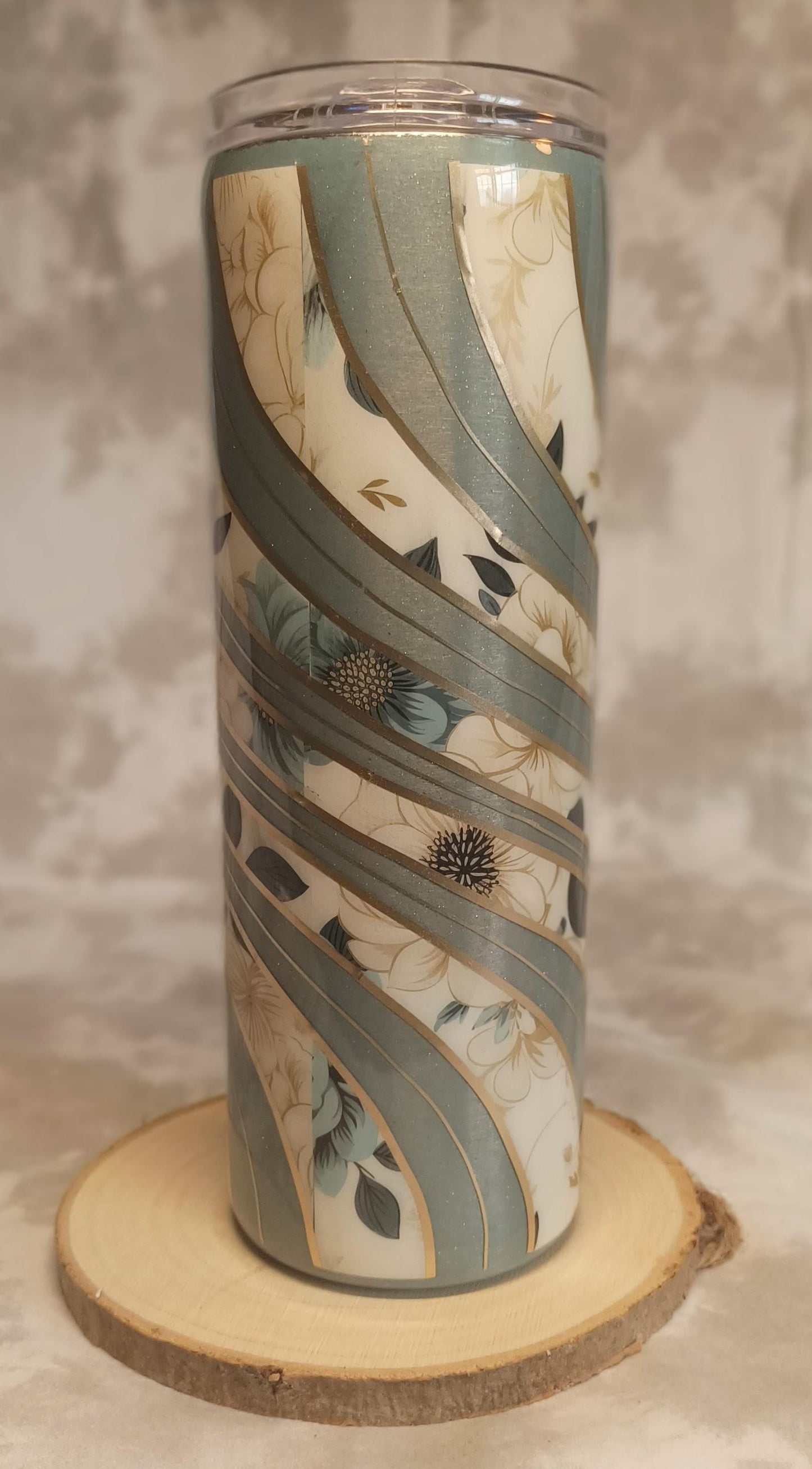Silver with Blue Floral Twisted vinyl 20 oz Skinny Stainless Steel Tumbler