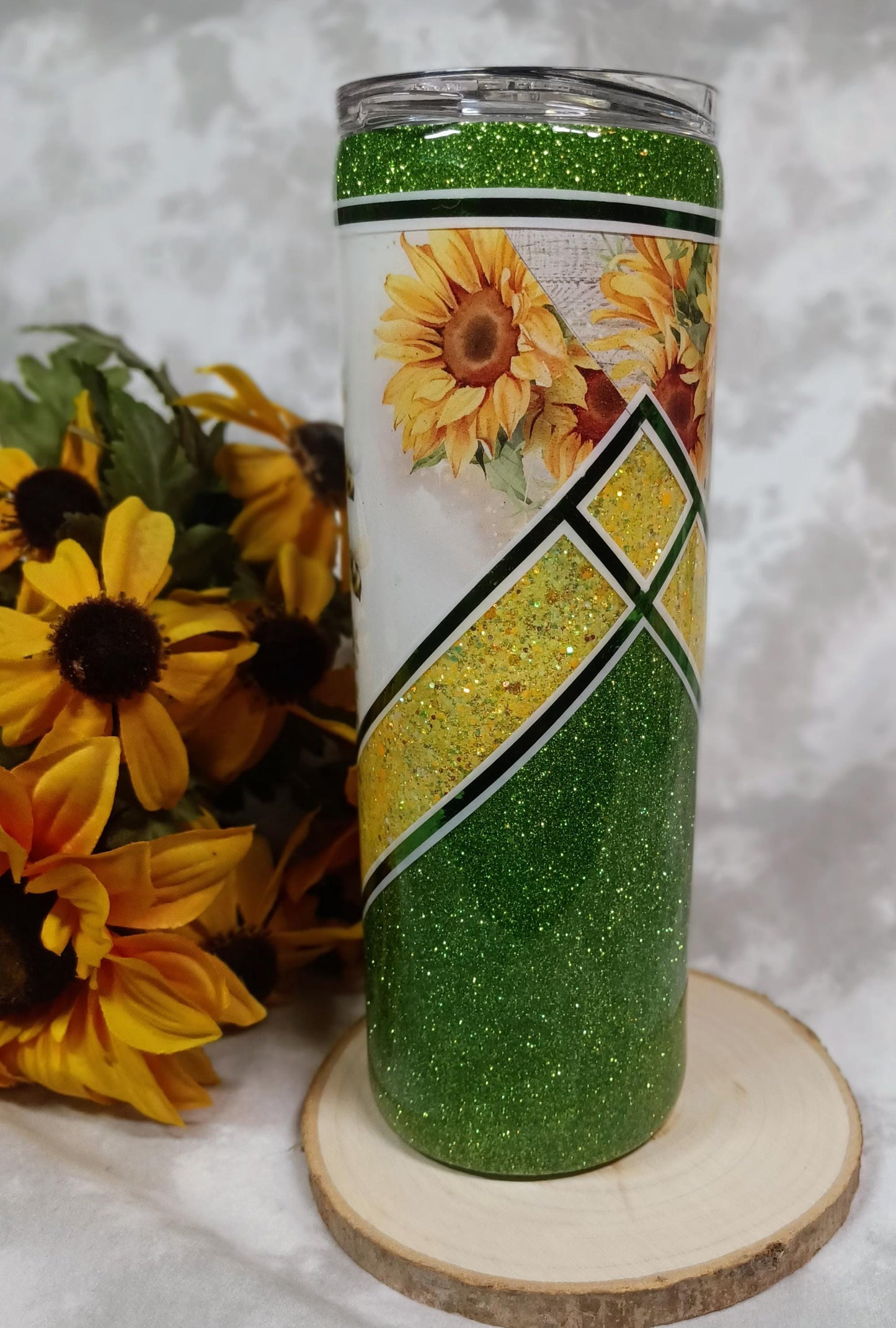 Gnome with sunflowers and bees V split design with glitter 20 oz Stainless Steel Tumbler