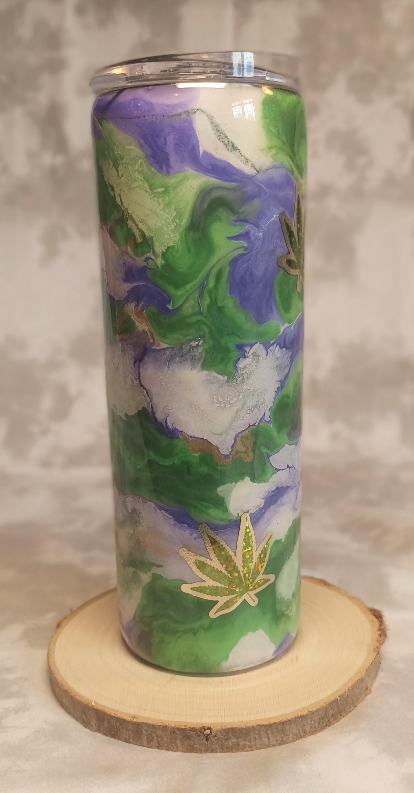 Purple & Green Swirl with Pot Leaf 20 oz Skinny Stainless Steel Tumbler