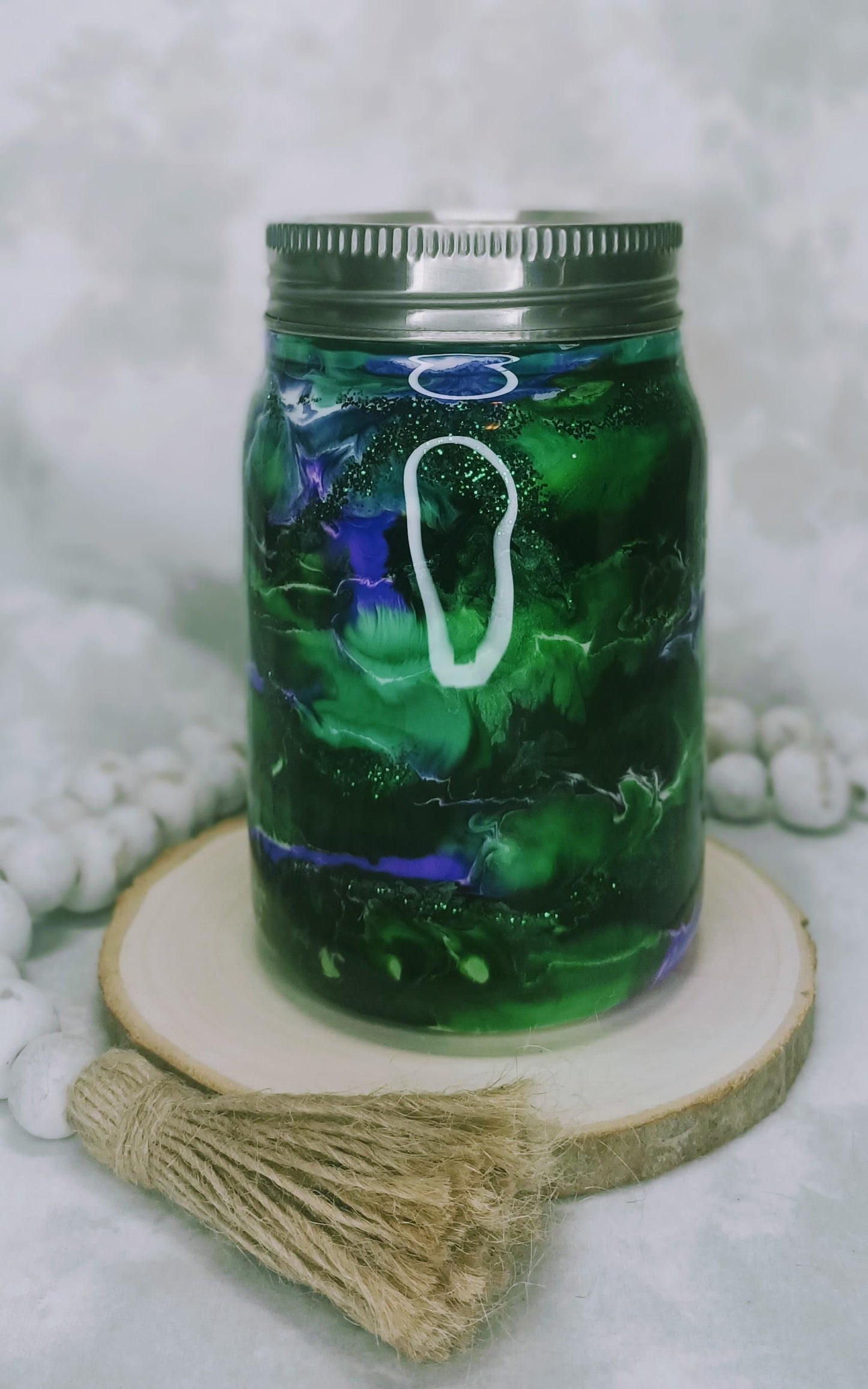Purple and Green Ink Drop Swirl Swirl 12 oz Stainless Steel Mason Jar