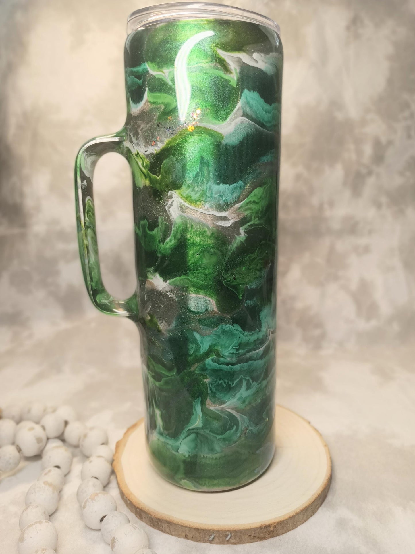 Green Ink drop Swirl 30 oz Skinny with Handle