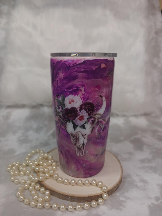 Purple Ink Drop Swirl with Bison Skull and Flowers 20 oz Regular Stainless Steel Tumbler