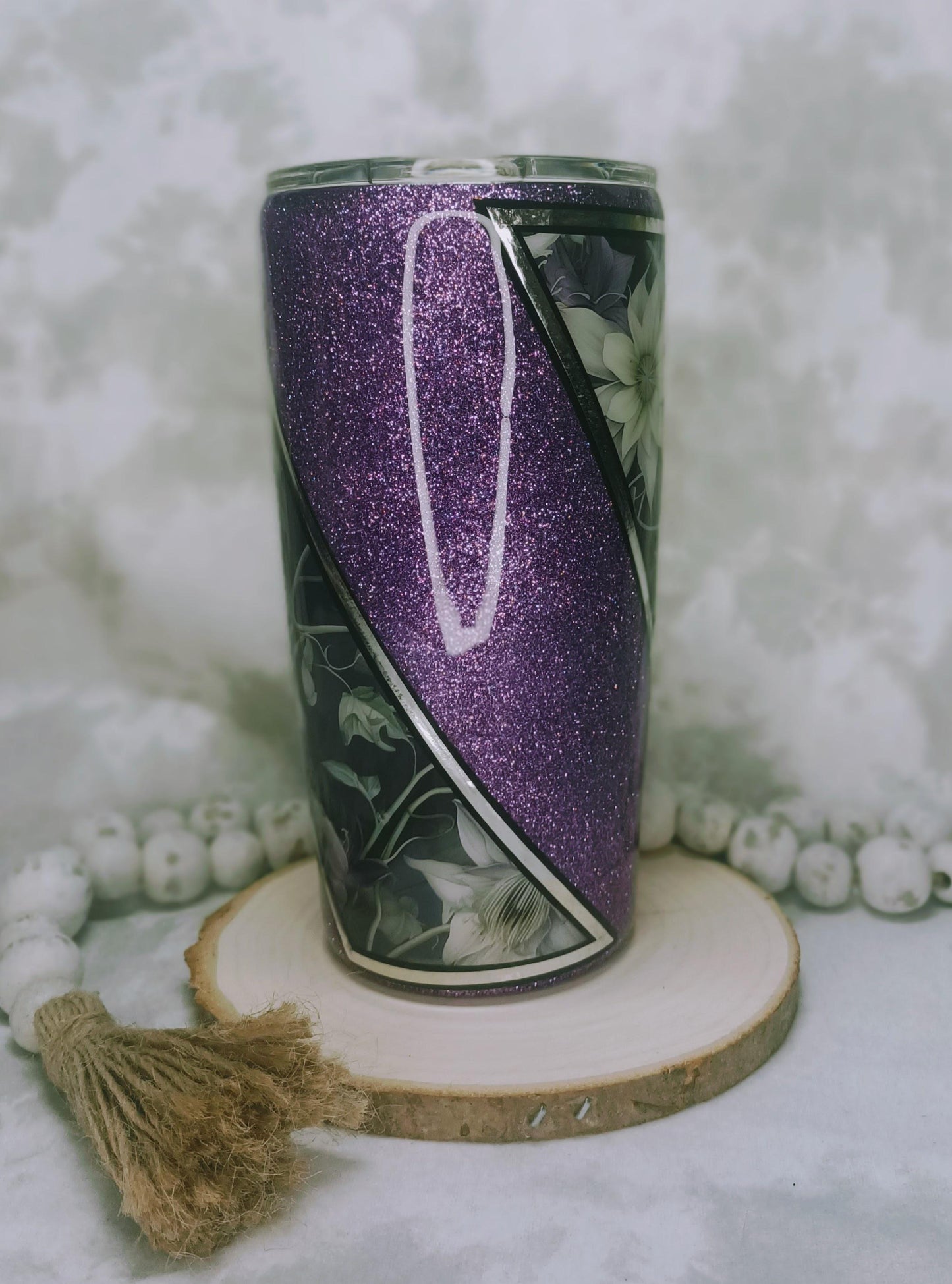 Purple Glitter with Flower Vinyl with pin striping 20 oz Regular Stainless Steel Tumbler