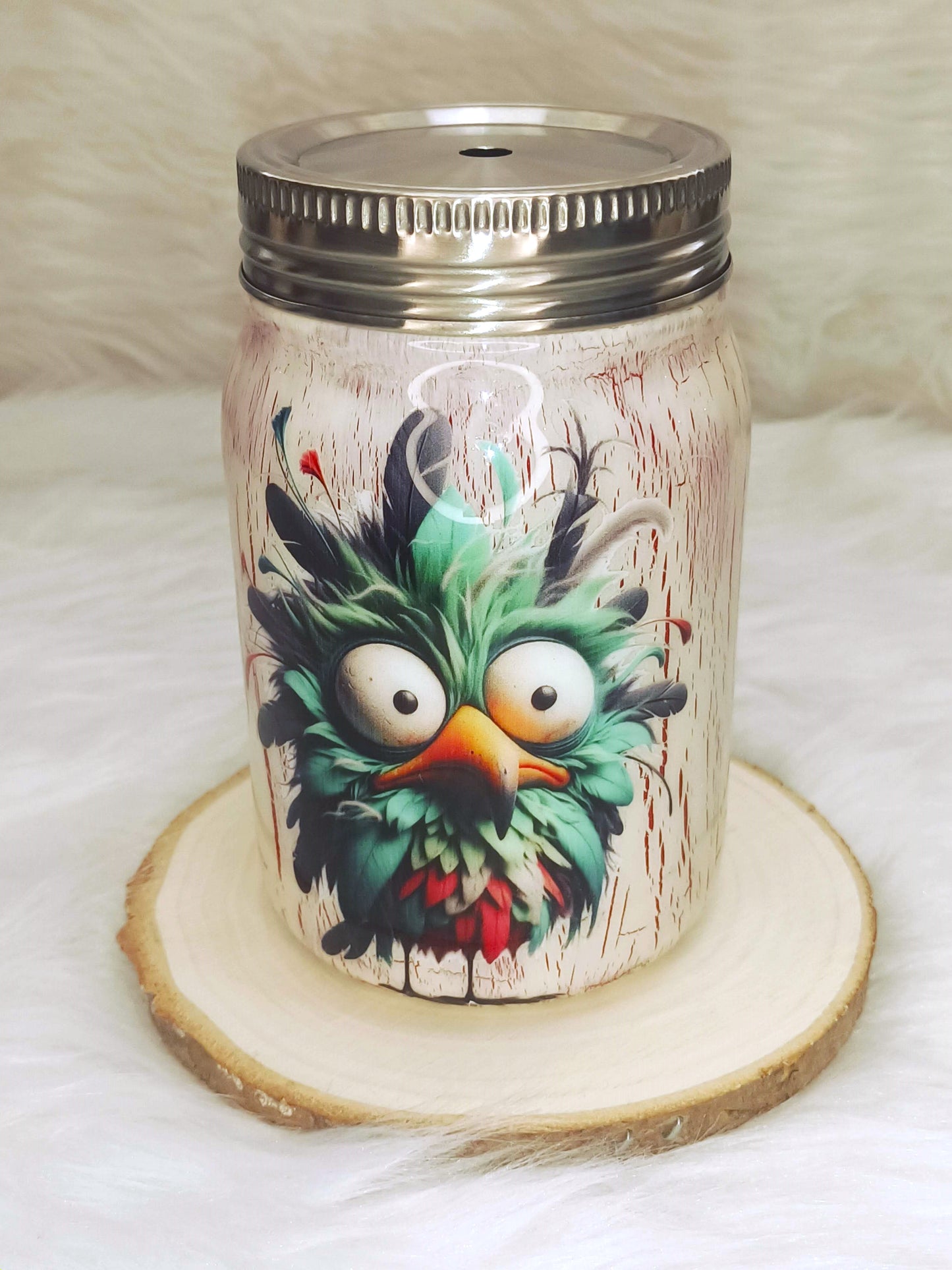 Red Crackle with Green Bird 12 oz Mason Jar