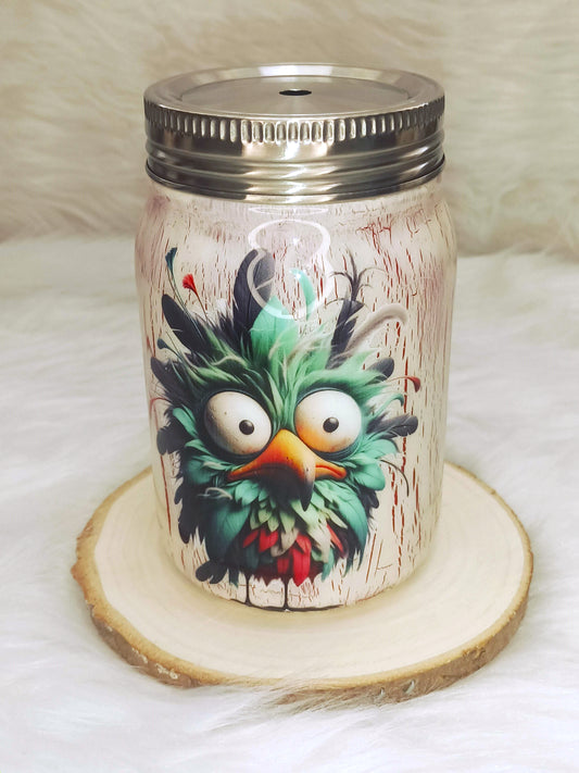 Red Crackle with Green Bird 12 oz Mason Jar