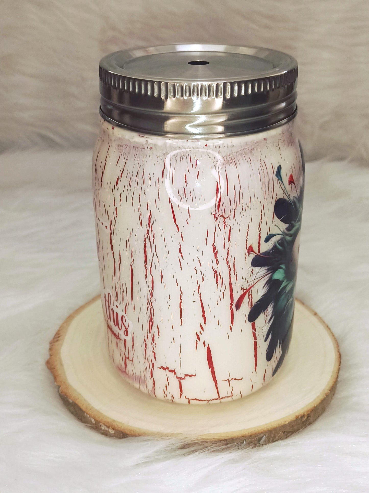 Red Crackle with Green Bird 12 oz Mason Jar