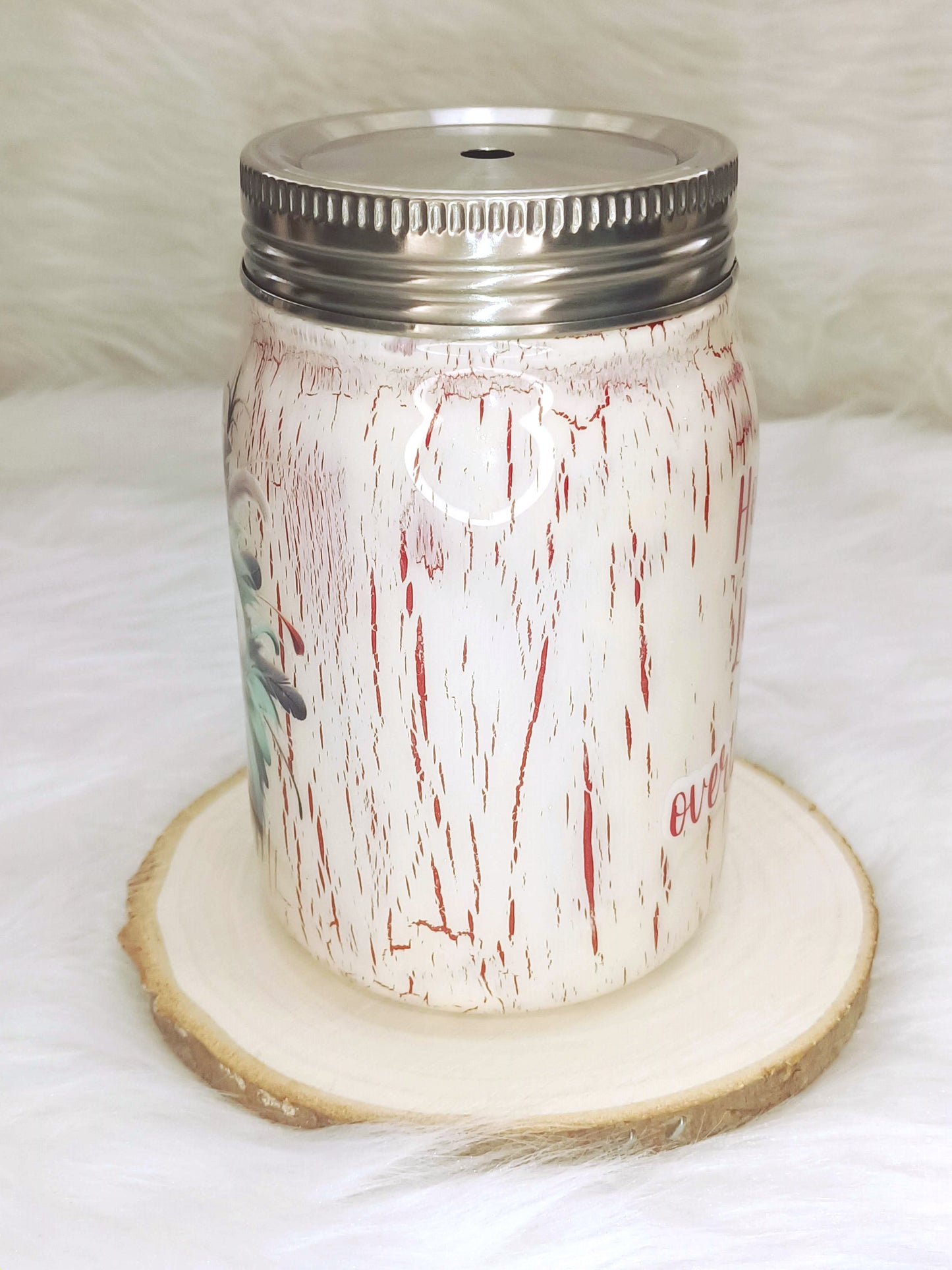 Red Crackle with Green Bird 12 oz Mason Jar