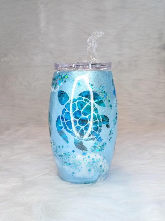 Blue Sea Turtle Peek-a-Boo 15 oz Barrel Coffee Tumbler
