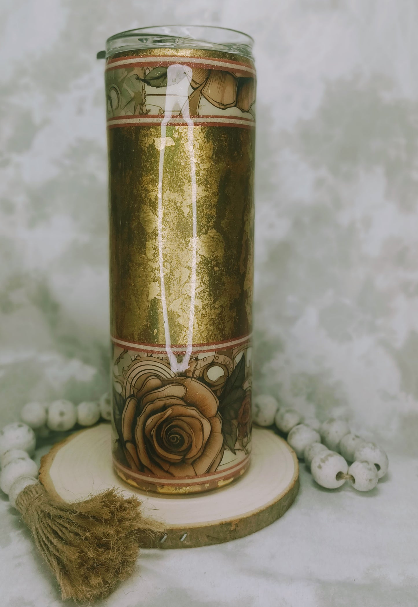 Distressed Gold with Steampunk Rose Vinyl 20 oz Skinny Stainless Steel Tumbler