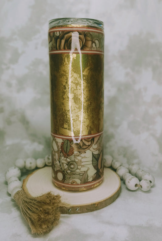 Distressed Gold with Steampunk Rose Vinyl 20 oz Skinny Stainless Steel Tumbler