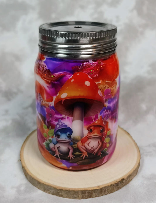 Ink Drop Swirl with frogs and mushroom 12 oz Stainless Steel Mason Jar