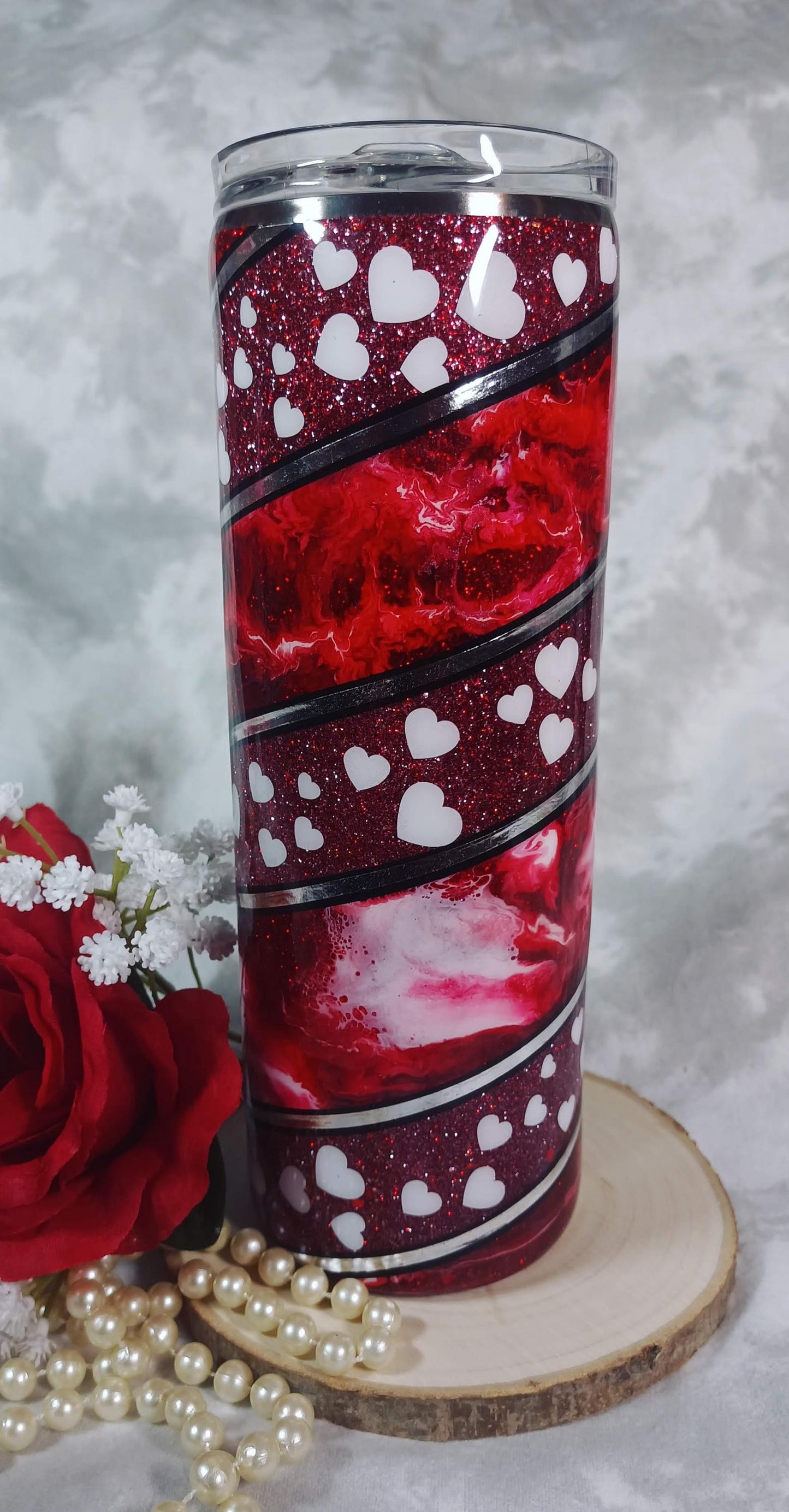 Red Glitter twisted Valentines 20 oz Skinny Stainless Steel Tumbler