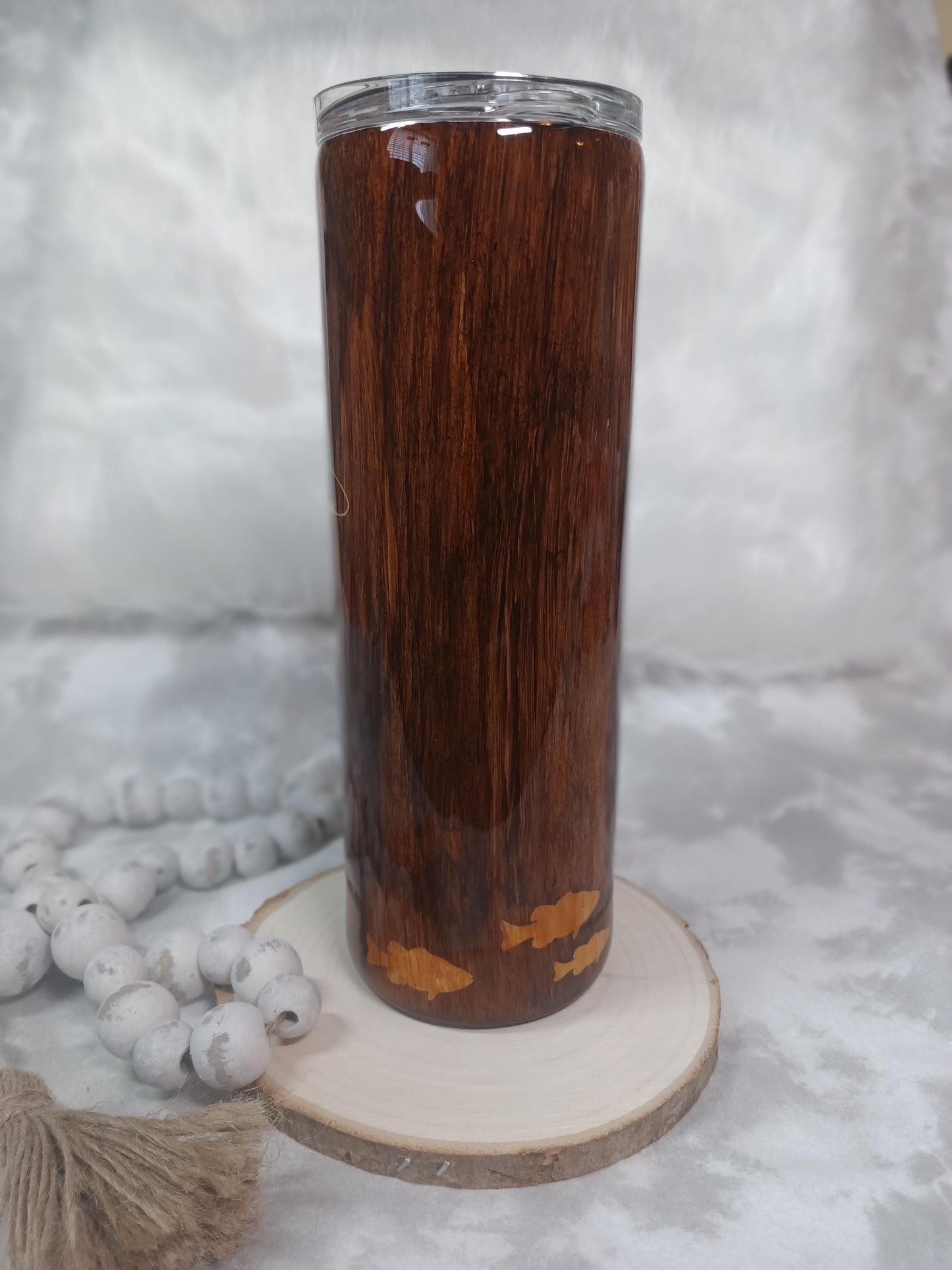 Woodgrain look with Fish Woodgrain Inlay 20 oz Skinny Stainless Steel tumbler