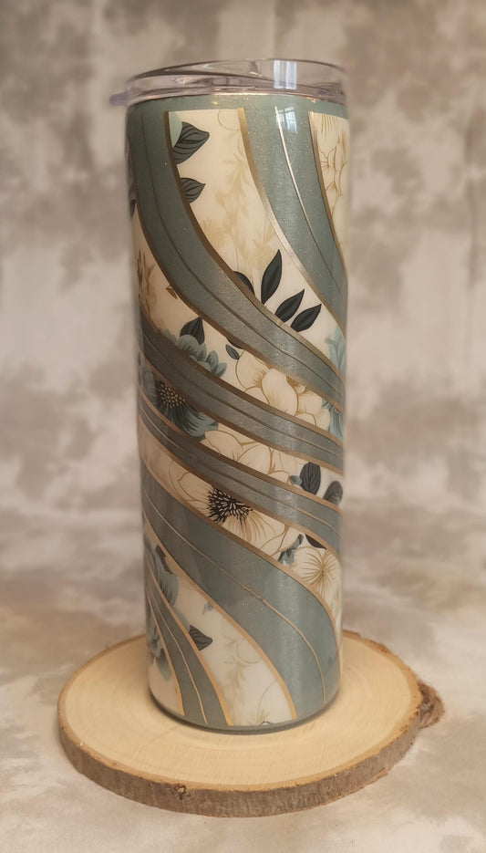 Silver with Blue Floral Twisted vinyl 20 oz Skinny Stainless Steel Tumbler