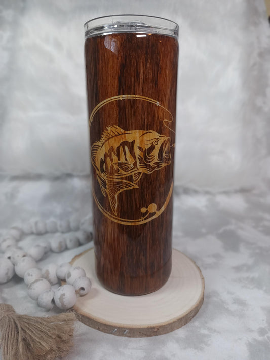 Woodgrain look with Fish Woodgrain Inlay 20 oz Skinny Stainless Steel tumbler