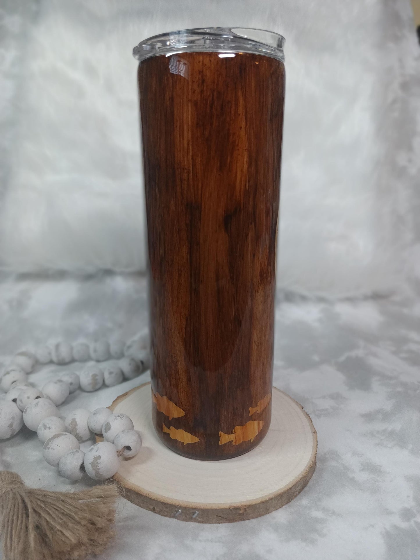 Woodgrain look with Fish Woodgrain Inlay 20 oz Skinny Stainless Steel tumbler