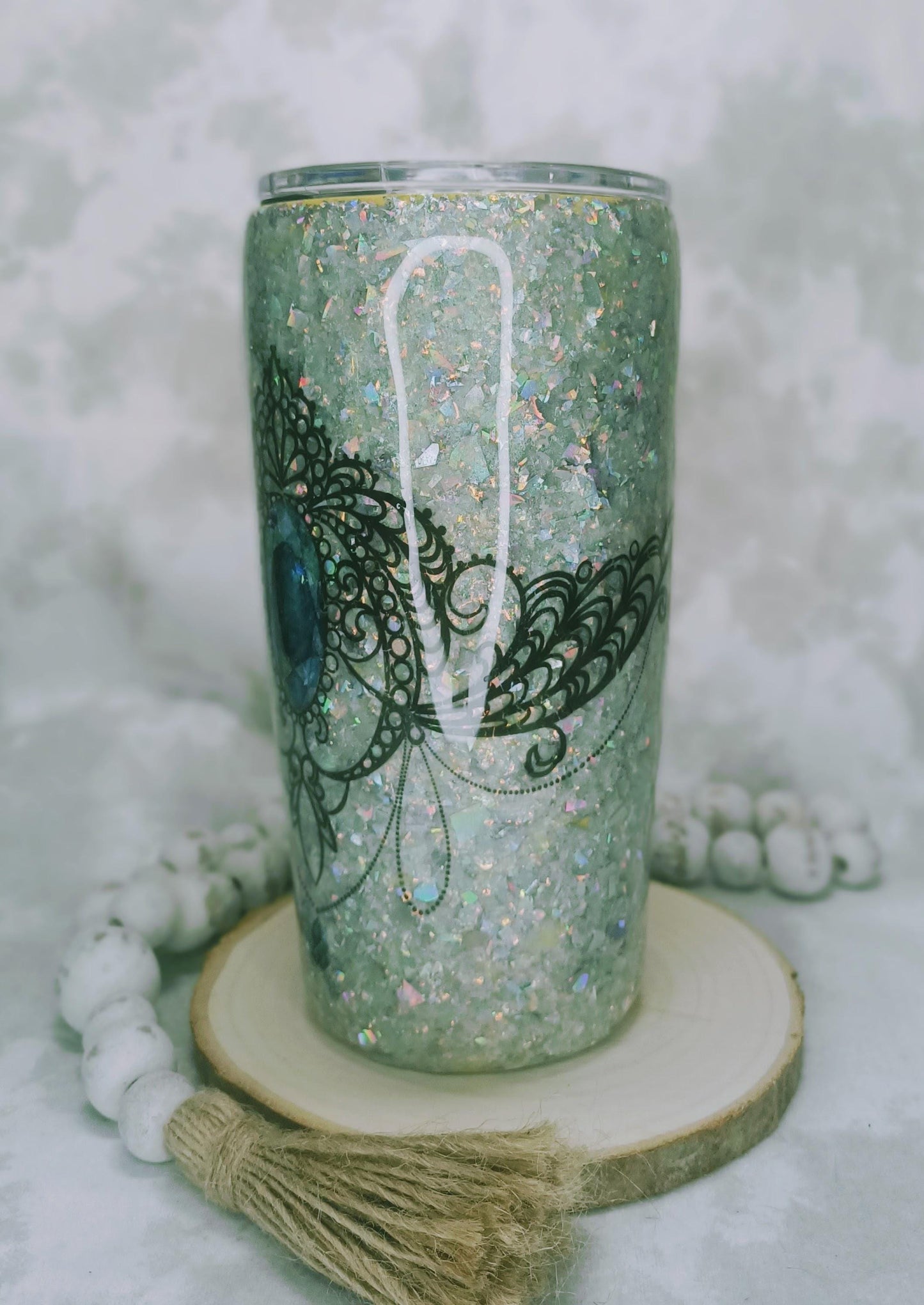 Chunky Silver Glitter with Black Tiara and Blue Gemstone decal 20 oz Regular Stainless Steel Tumbler