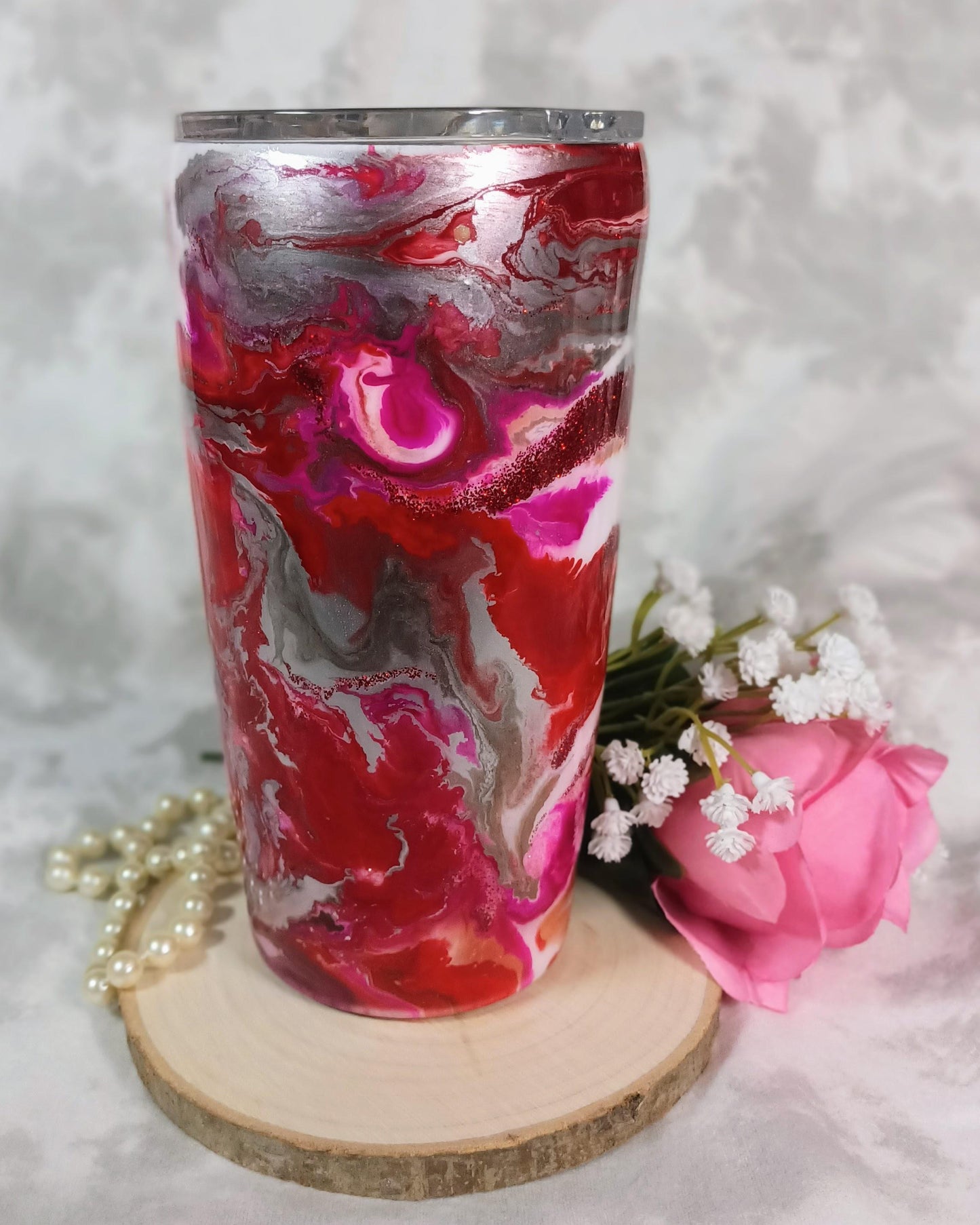 Red and Silver ink drop swirl 20 oz Regular Stainless Steel Tumbler