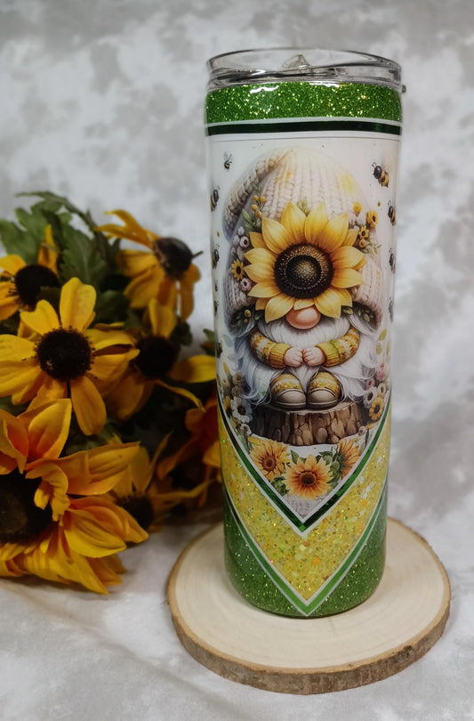 Gnome with sunflowers and bees V split design with glitter 20 oz Stainless Steel Tumbler