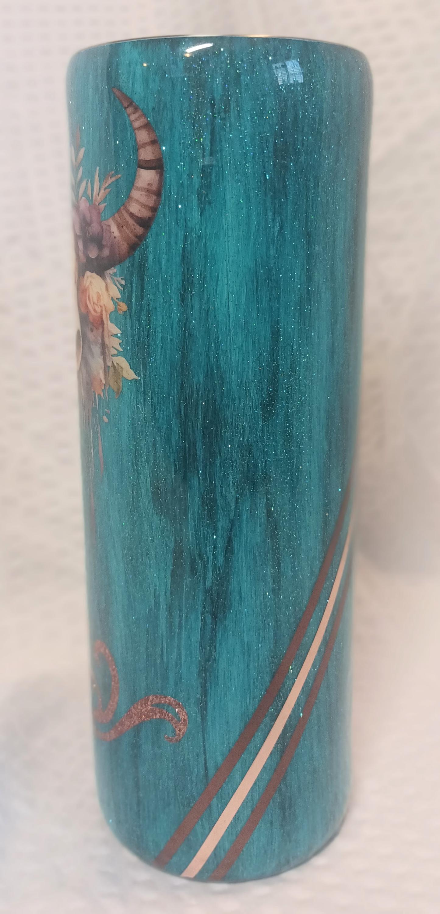 Teal Bison Skull Wood Grain 20 oz Stainless Steel Tumbler