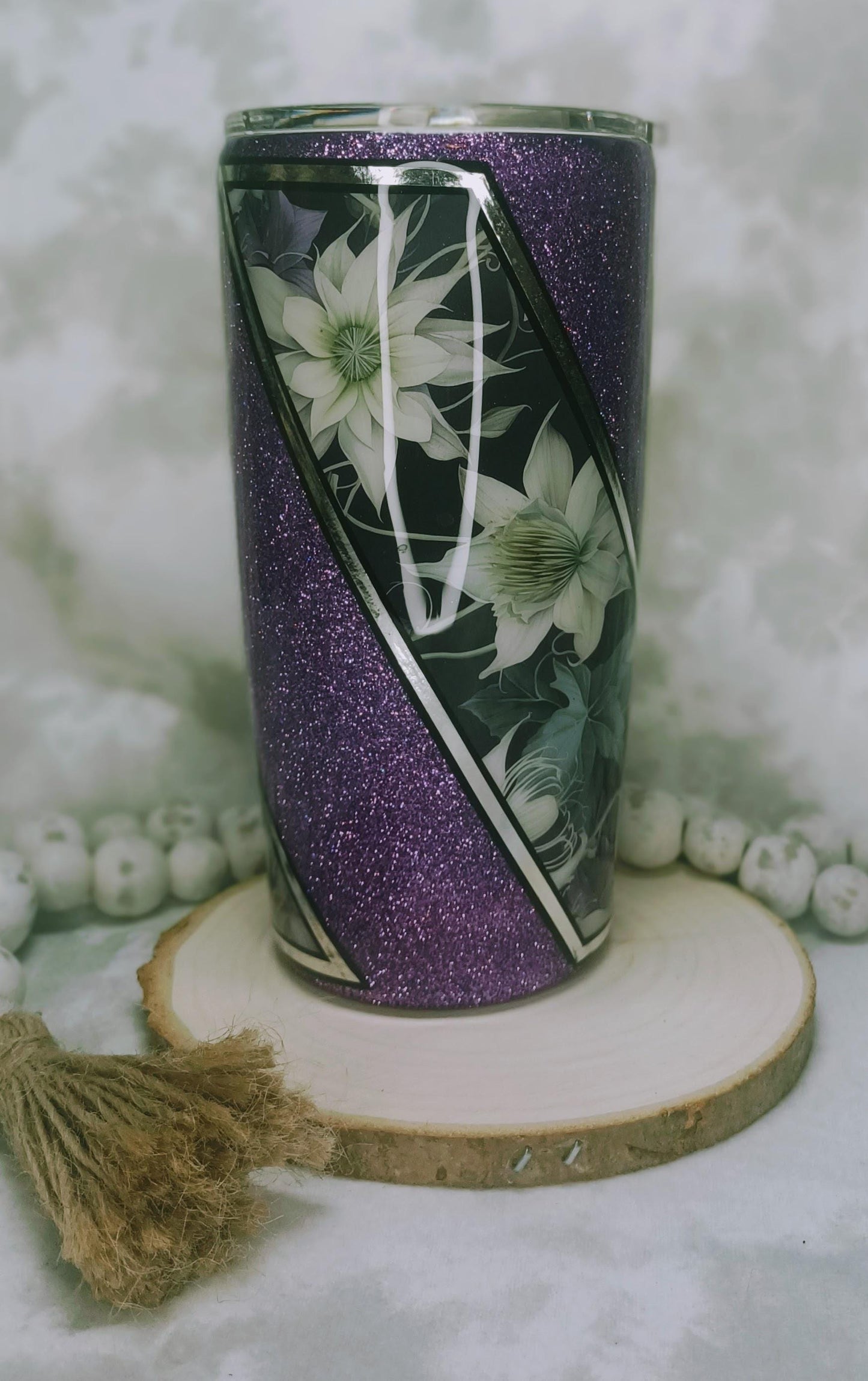 Purple Glitter with Flower Vinyl with pin striping 20 oz Regular Stainless Steel Tumbler