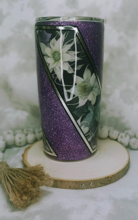 Purple Glitter with Flower Vinyl with pin striping 20 oz Regular Stainless Steel Tumbler