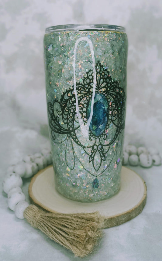 Chunky Silver Glitter with Black Tiara and Blue Gemstone decal 20 oz Regular Stainless Steel Tumbler