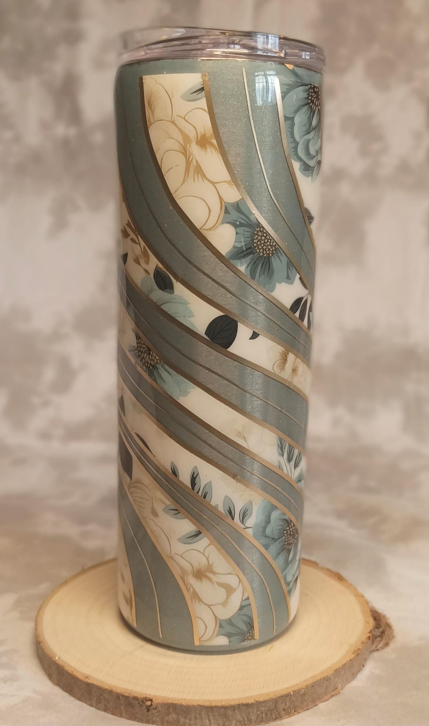 Silver with Blue Floral Twisted vinyl 20 oz Skinny Stainless Steel Tumbler