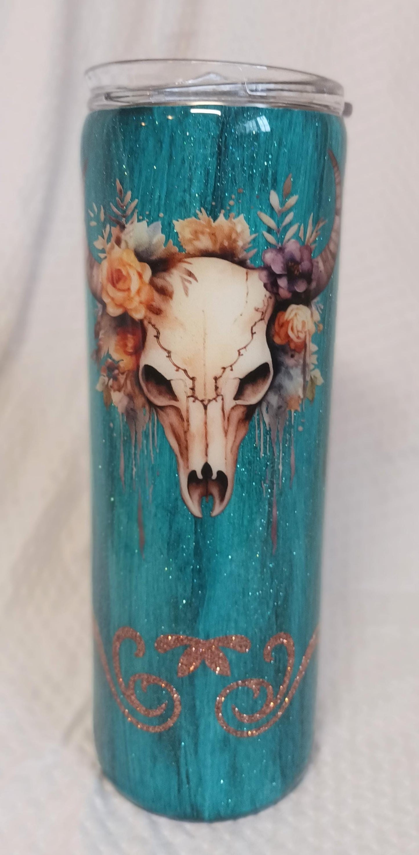 Teal Bison Skull Wood Grain 20 oz Stainless Steel Tumbler