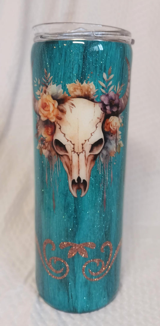 Teal Bison Skull Wood Grain 20 oz Stainless Steel Tumbler