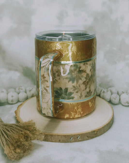 Blue Floral Vinyl with Gold accents 12 oz Stainless Steel Camper Mug