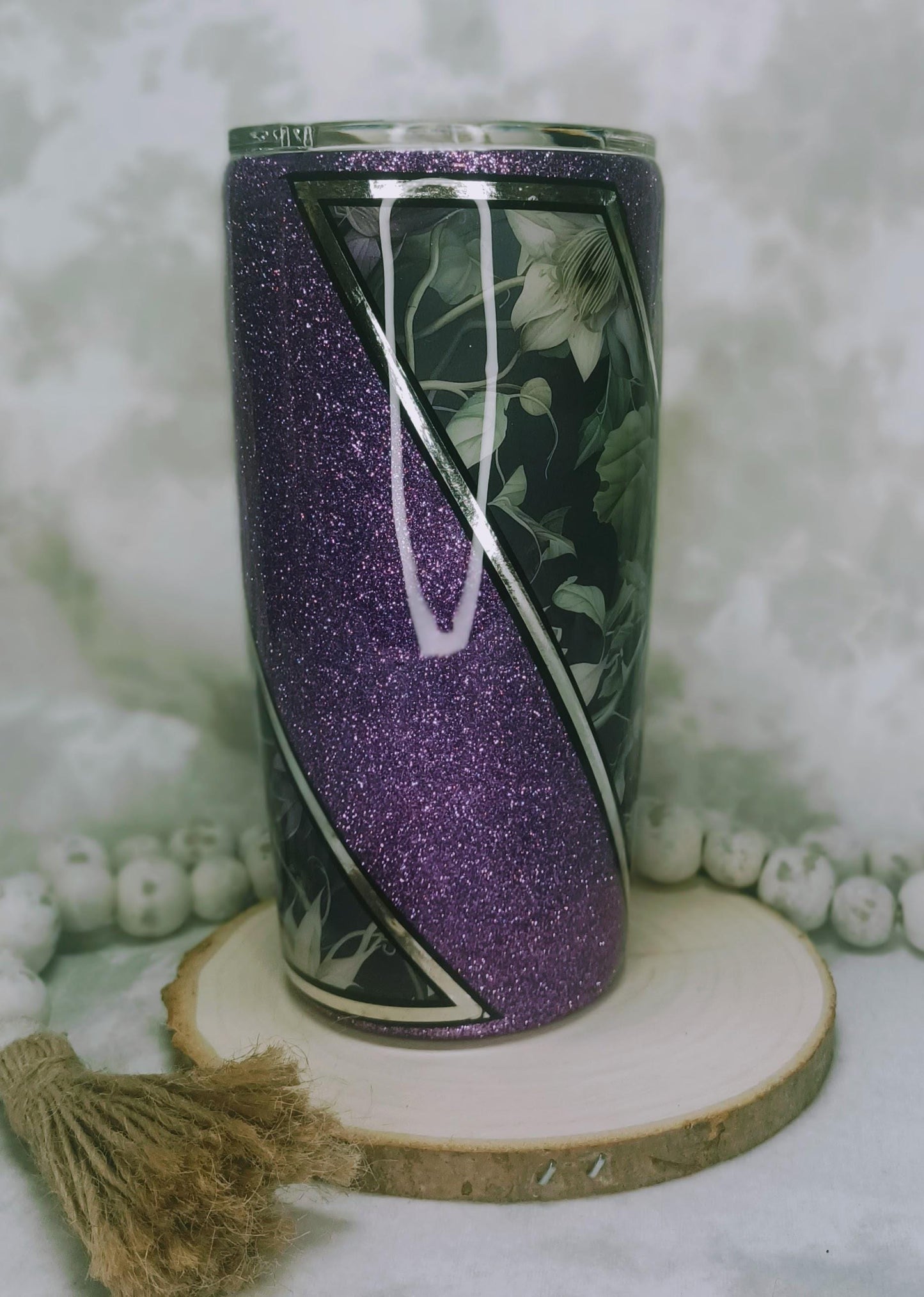 Purple Glitter with Flower Vinyl with pin striping 20 oz Regular Stainless Steel Tumbler