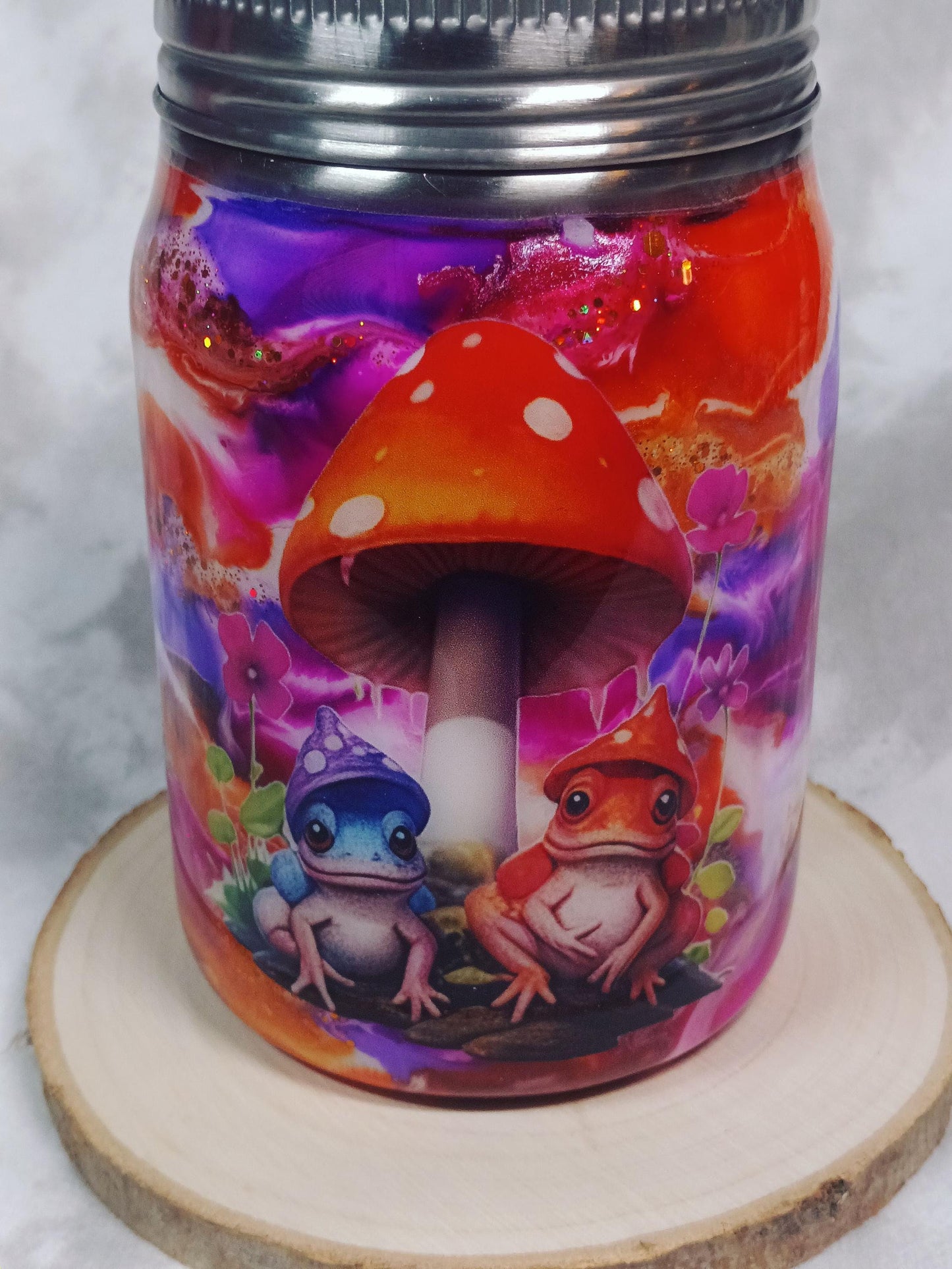 Ink Drop Swirl with frogs and mushroom 12 oz Stainless Steel Mason Jar