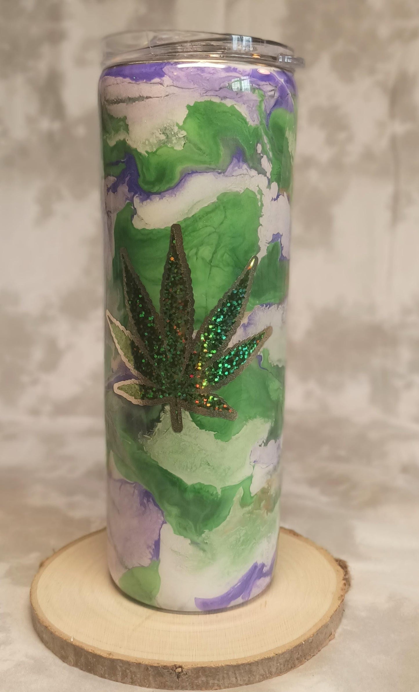 Purple & Green Swirl with Pot Leaf 20 oz Skinny Stainless Steel Tumbler