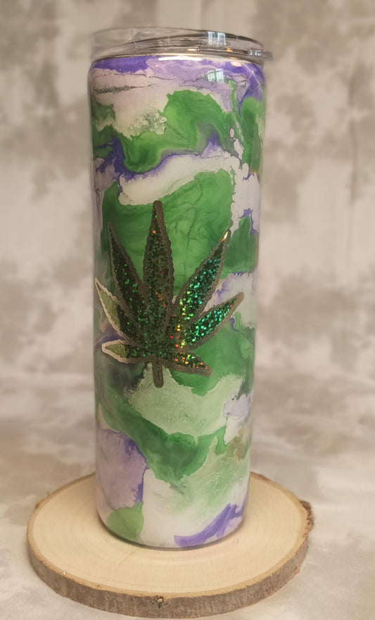 Purple & Green Swirl with Pot Leaf 20 oz Skinny Stainless Steel Tumbler