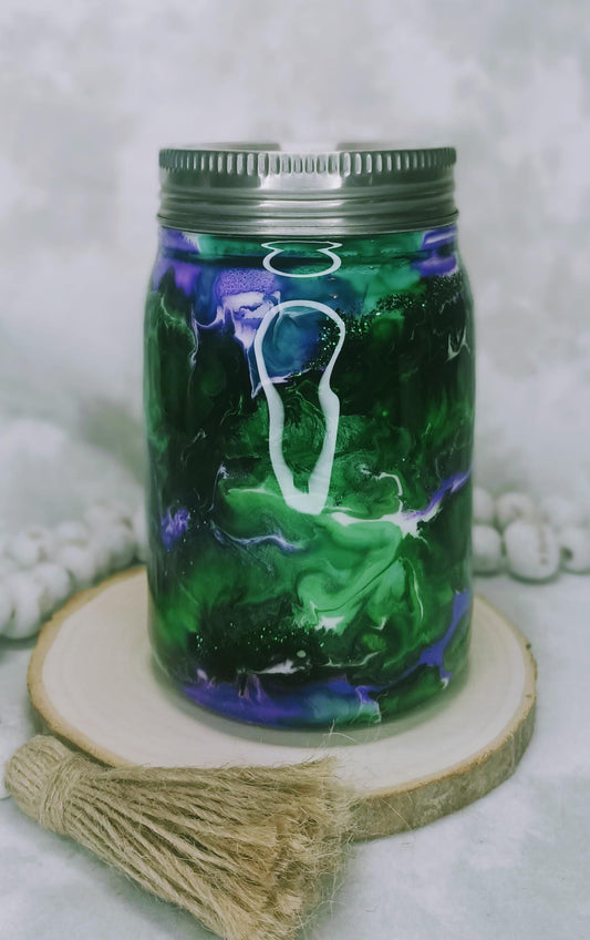 Purple and Green Ink Drop Swirl Swirl 12 oz Stainless Steel Mason Jar