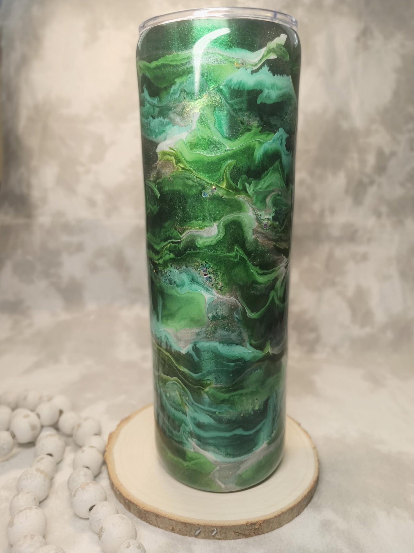 Green Ink drop Swirl 30 oz Skinny with Handle